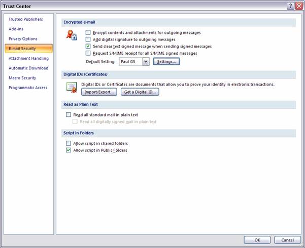 Outlook 2007 Save Your Security Settings