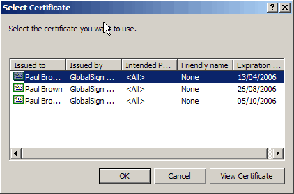 Outlook 2007 Select Your Certificate