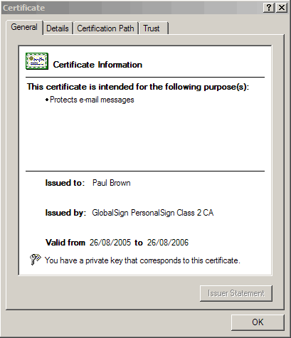 Outlook 2007 Certificate Information