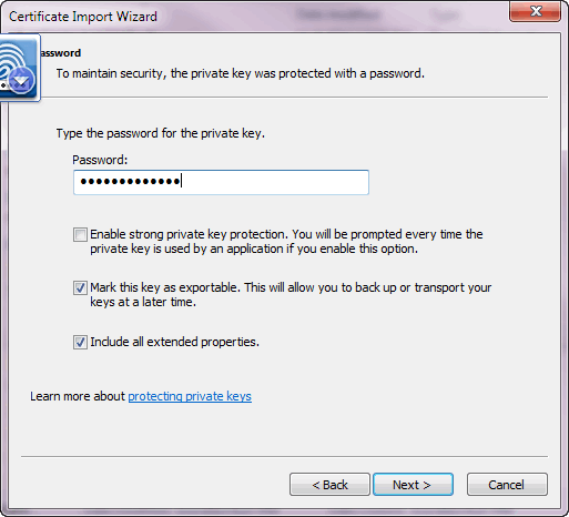 Certificate Import Wizard - Password