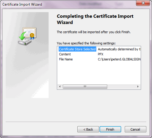 Certificate Import Wizard - Finish Import