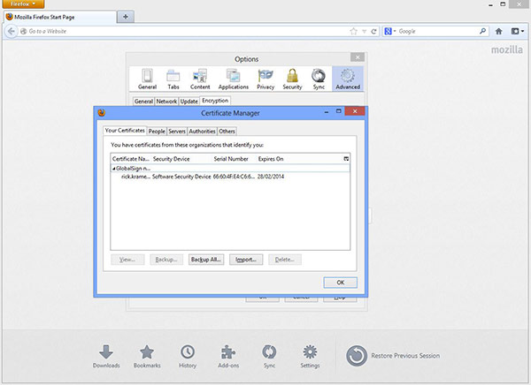 Firefox Certificate Manager Alert