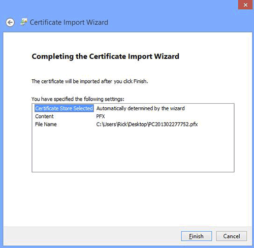 Chrome Import Certificate Wizard Completion