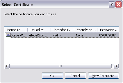 Select Certificate Window