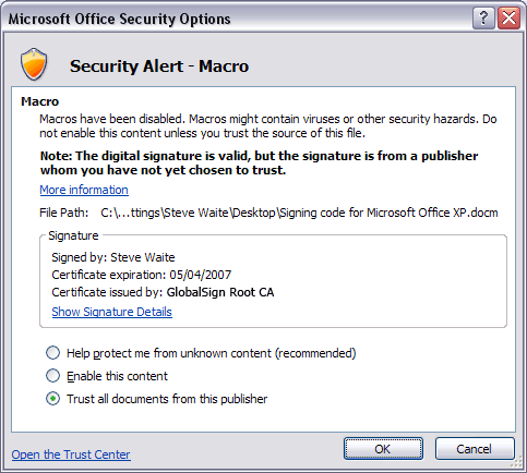 Microsoft Office Security Options