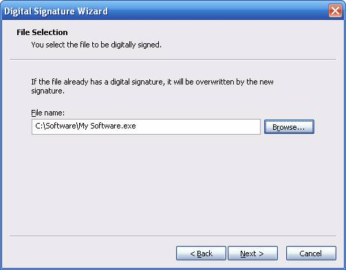 Timestamping Digital Signature Wizard Select File