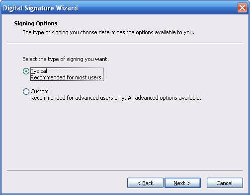 Timestamping Digital Signature Wizard Signing Options