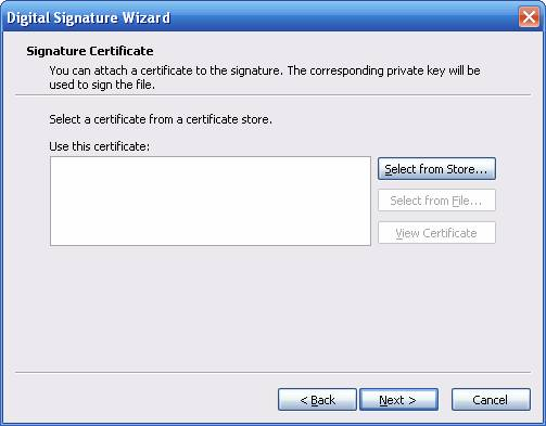 Timestamping Digital Signature Wizard Select From Store