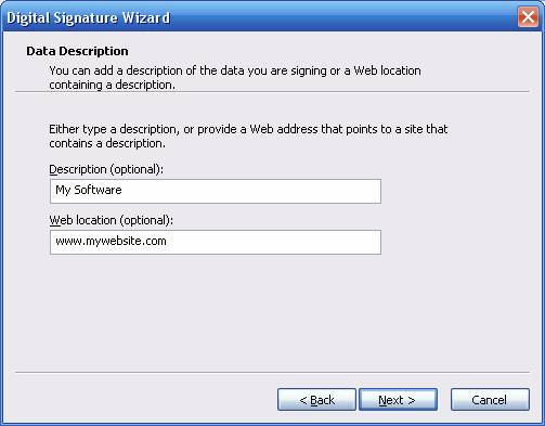 Timestamping Digital Signature Wizard Descripton or Web Location