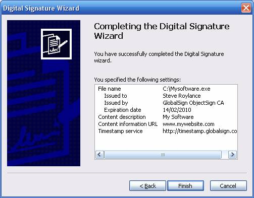Timestamping Digital Signature Wizard Finish