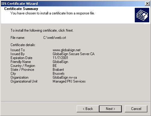 Microsoft Exchange 2003 IIS Certificate Wizard Summary
