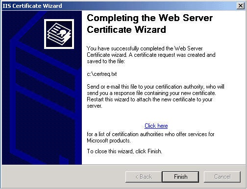 Completing the Web Server Certificate Wizard