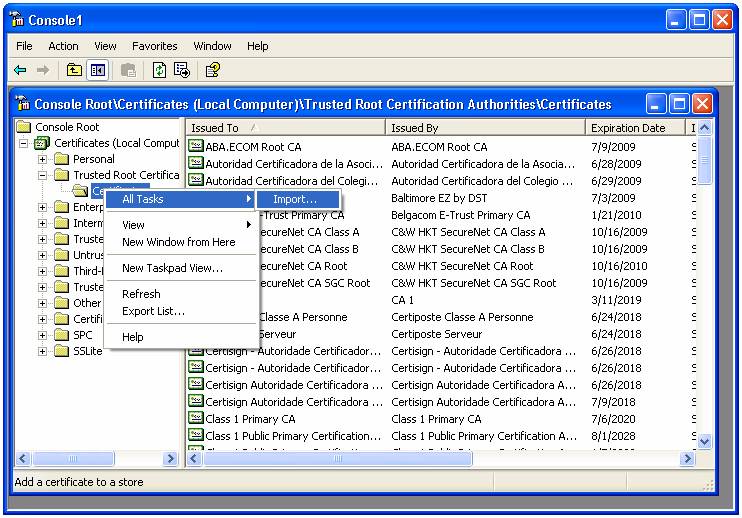 Root certificate update vista